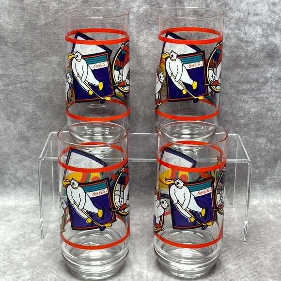 1995 Coca-Cola Polar Bear Glasses Set Of 4 Vintage Winter Sports 14 Oz - Picture 6 of 9
